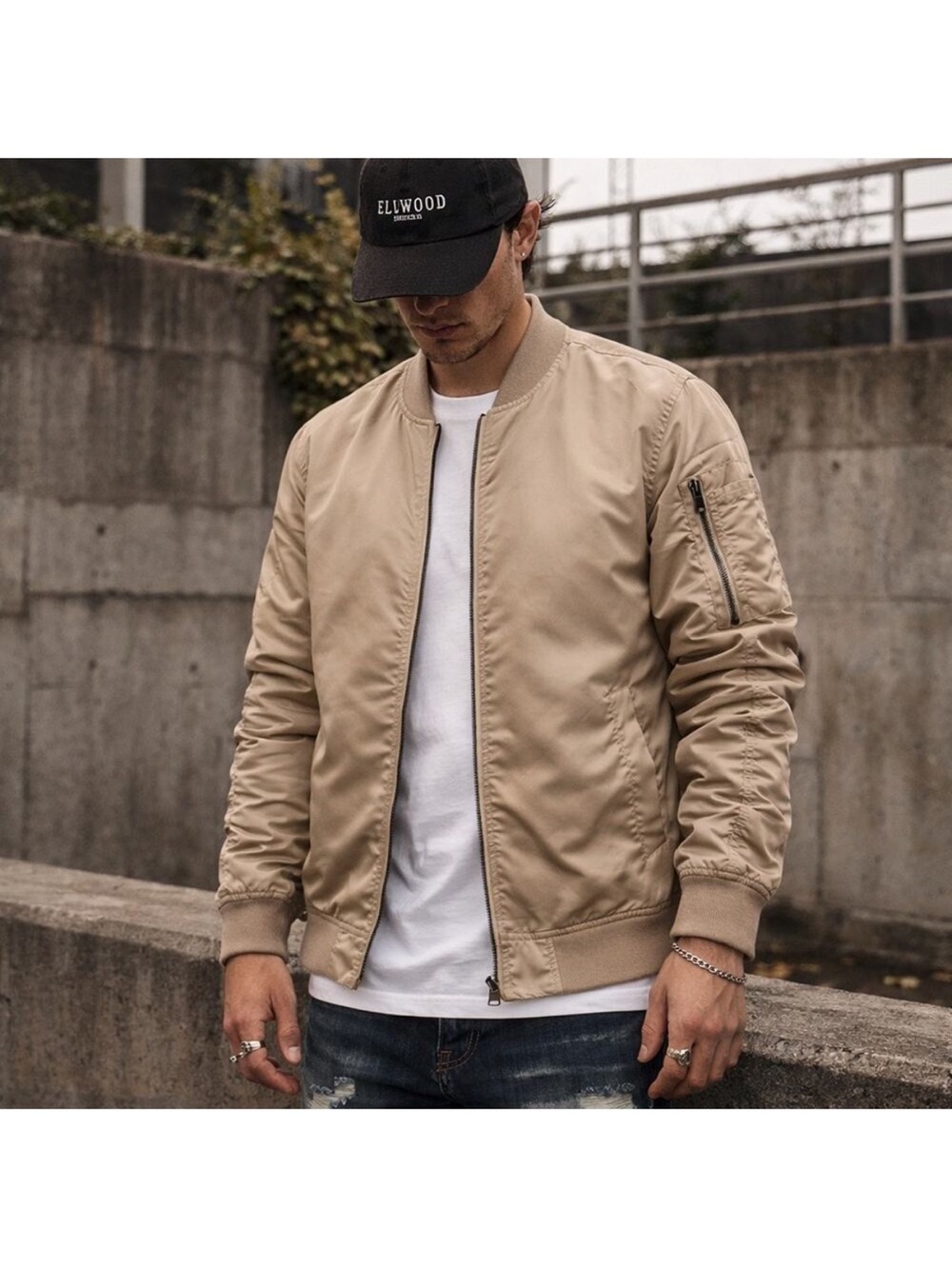 Elwood MA-1 Bomber Jacket Khaki Nylon Utility Streetwear Casual Gorpcore Small